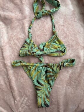 Mikoh Tropical Leaf Print Bikini Set - Mint & Olive Green